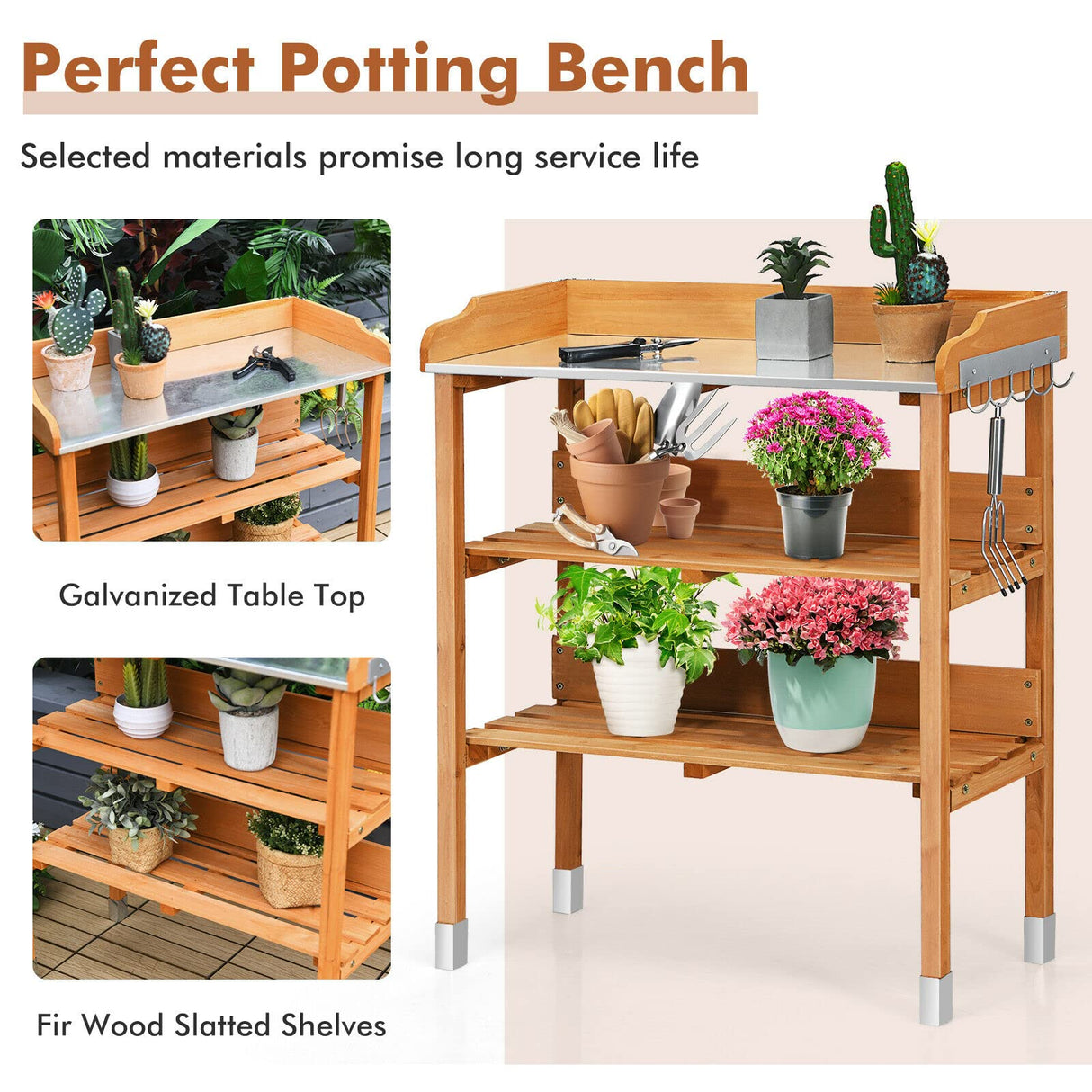 LUARANE Wooden Garden Potting Bench Work Station, 3-Tier Storage Shelf, Metal Tabletop Bonsai Table with 5 Hooks on The Side LDAILY