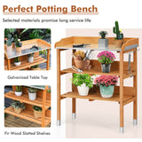 LUARANE Wooden Garden Potting Bench Work Station, 3-Tier Storage Shelf, Metal Tabletop Bonsai Table with 5 Hooks on The Side LDAILY