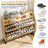 VINGLI Fluted Shoe Cabinet Storage for Entryway,Hidden Shoes Storage Cabinet with 4 Flip Drawers, Mid Century Modern Shoe Rack with LED Light,Shoes Organizer with Cubby for Hallway(Natural Oak) VINGLI