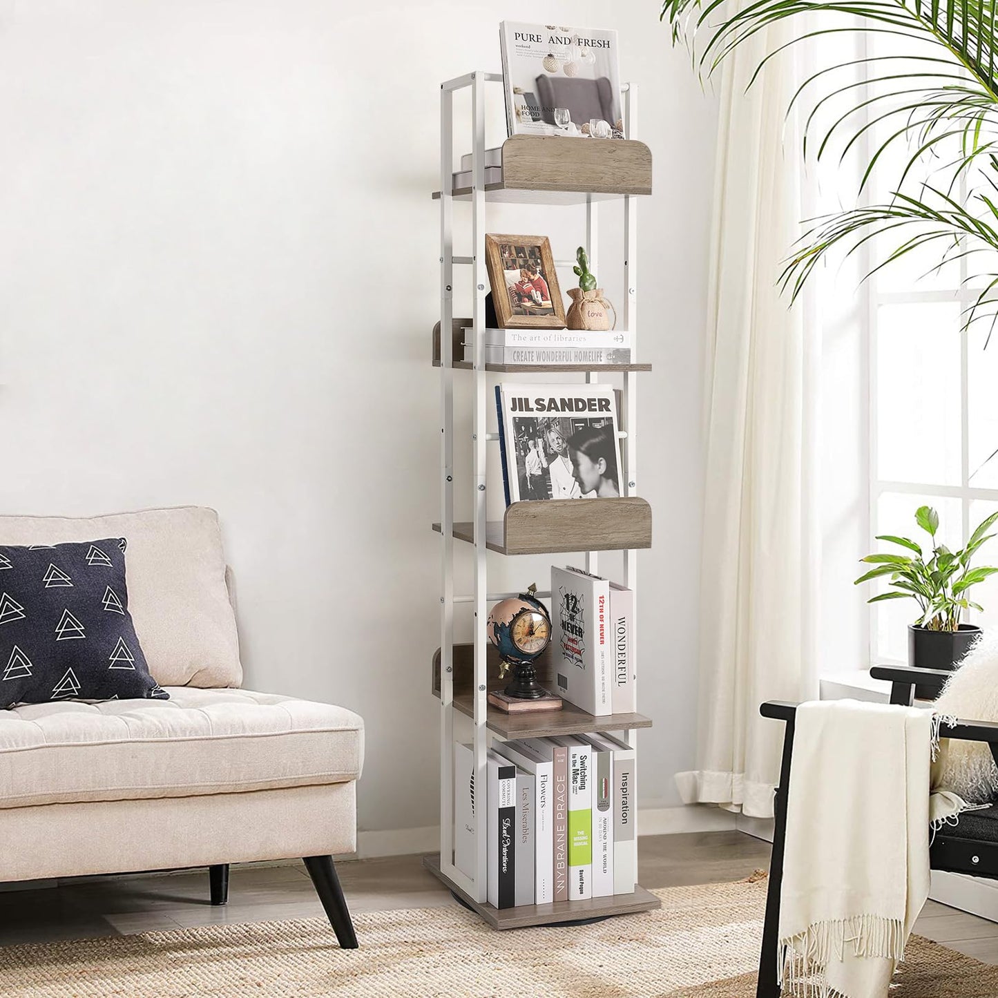 Bikoney 5-Tier Rotating Bookshelf Tower - Tall Industrial White Bookcase for Corners and Small Spaces - WoodArtSupply