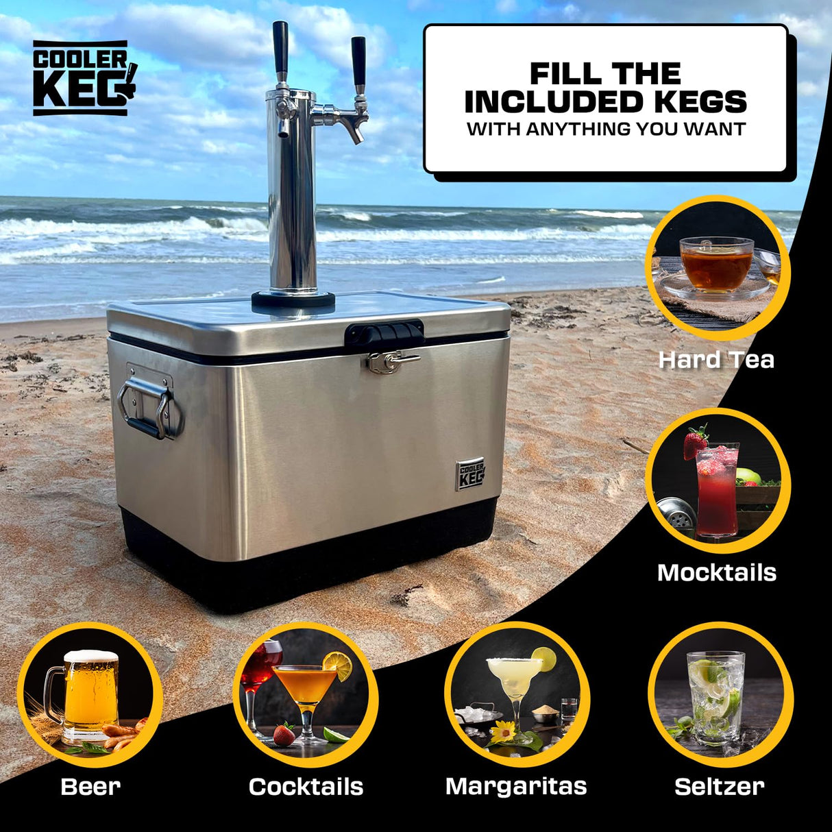 Cooler Keg™ Portable Kegerator Stainless Steel Insulated Cooler Draft System: Refillable Mini Kegs: Draft Beer, Cocktails, Homebrew, Seltzer. Dispenser with Dual taps. 4 CO2 CARTRIDGES Included Cooler Keg
