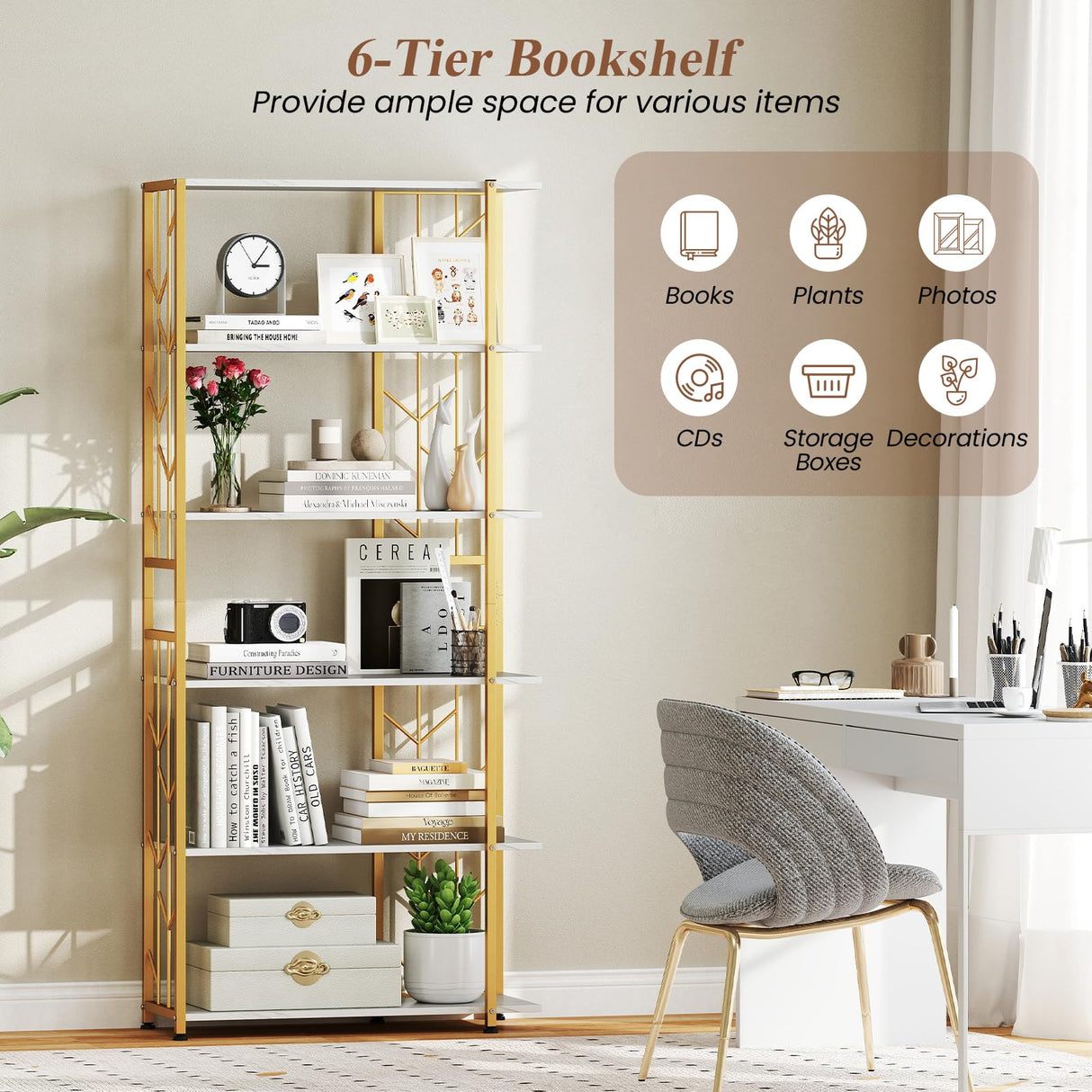 Giantex 6-Tier Bookshelf, Modern Geometric Bookcase with Heavy-Duty Metal Frame, Freestanding Display Rack w/ 2 Anti-Tipping Kits, Storage Shelf for Living Room, Bedroom, Study (1,Gold+White) Giantex