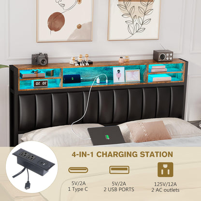 Alohappy Queen Bed Frame with 4 Storage Drawers and Bookcase Headboard, Upholstered Platform Bed Frame Queen with USB-C & USB Charging Station and LED Lights, No Box Spring Needed, Black