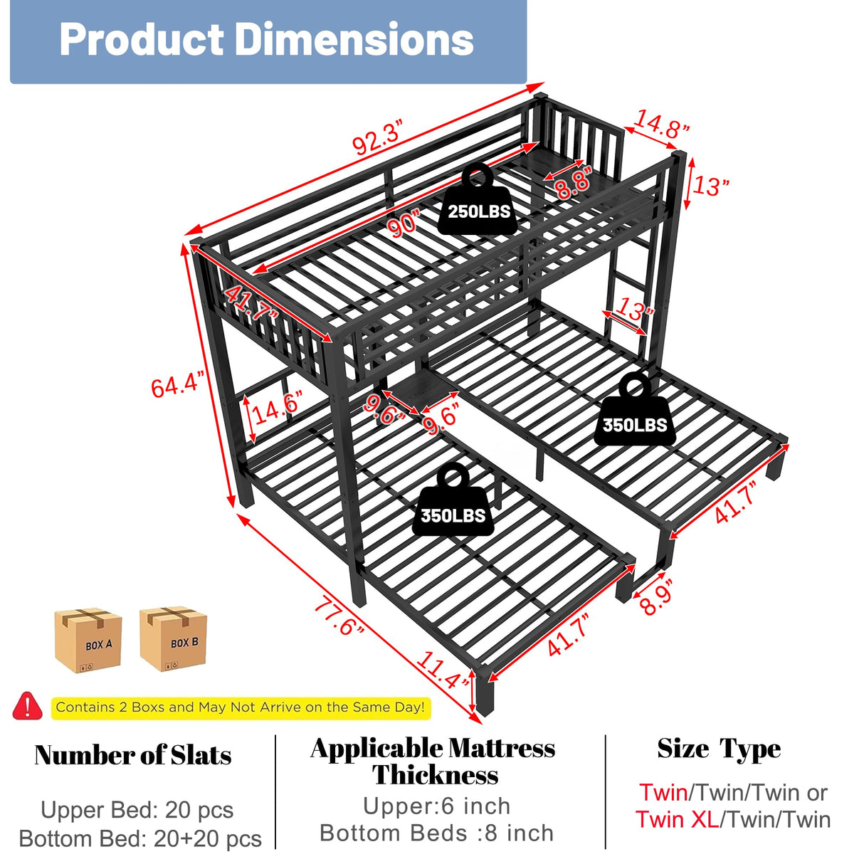 Mirightone Metal Triple Bunk Bed for Kids,Heavy Duty Triple Twin Bunk Bed with Ladder & Storage Shelf, Convertible 3 Bed Bunk Beds for Girls Boys Teens,Can be Separated into 3 Beds, Black Mirightone
