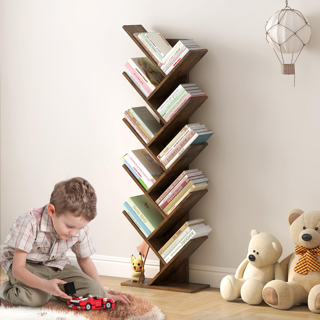 Hoctieon 10 Tier Tree Bookshelf, 10 Shelf Bookcase, Free Standing Tree Bookcase, Display Floor Standing Shelf for Books, Book Organizer Shelves for Home Office, Living Room, Bedroom, Rustic Brown Hoctieon