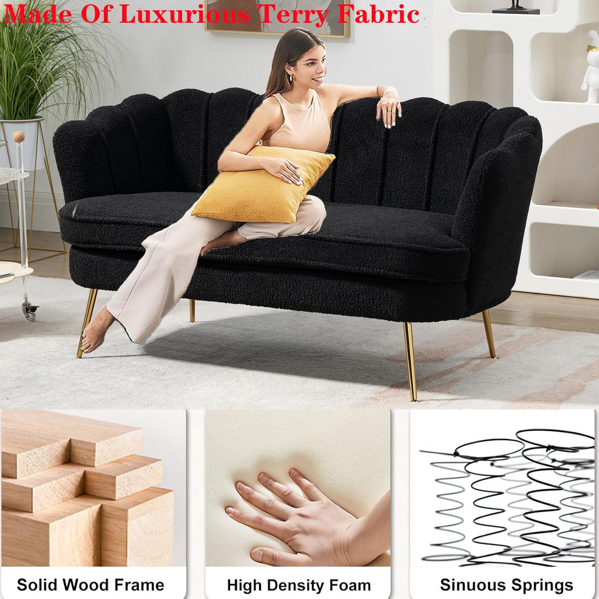 Black Modern Boucle Loveseat Couch,Futon Small Sofa with Gold Metal Legs ,2-Seater Upholstered Mini Sofa Couches for Small Space,Living Room Bedroom Office Dorm Studio Apartment Couche(Black) Gustonhon