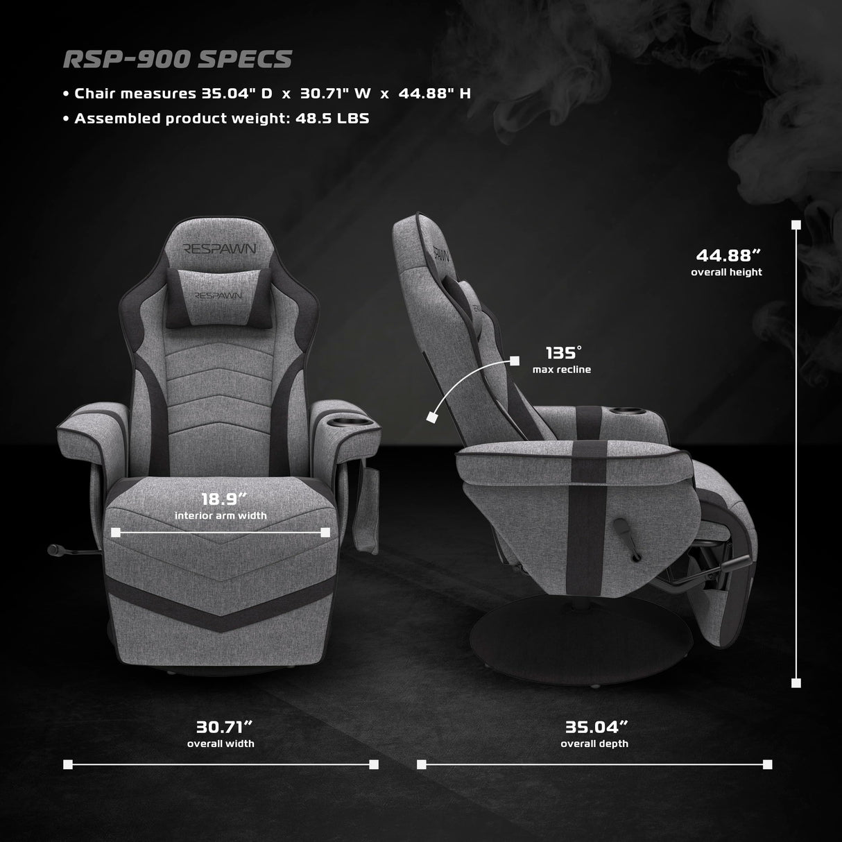 RESPAWN 900 Console Gaming Recliner with Footrest and Lumbar Support - Comfortable Ergonomic Gaming Chair with Headrest, No Wheels, Reclining, Heavy Duty, Racing Style Video Game Chairs - Gray Fabric RESPAWN