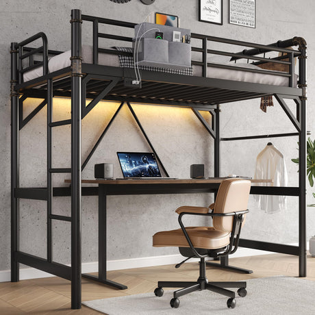 Twin Size Loft Bed with LED Lights and Charging Station, Industrial Heavy Duty Metal Loft Bed Frame with Ladder and Guardrail for Kids Adults, Small Space Saving Design for Bedroom Dorm, Vintage Brown Jocoevol