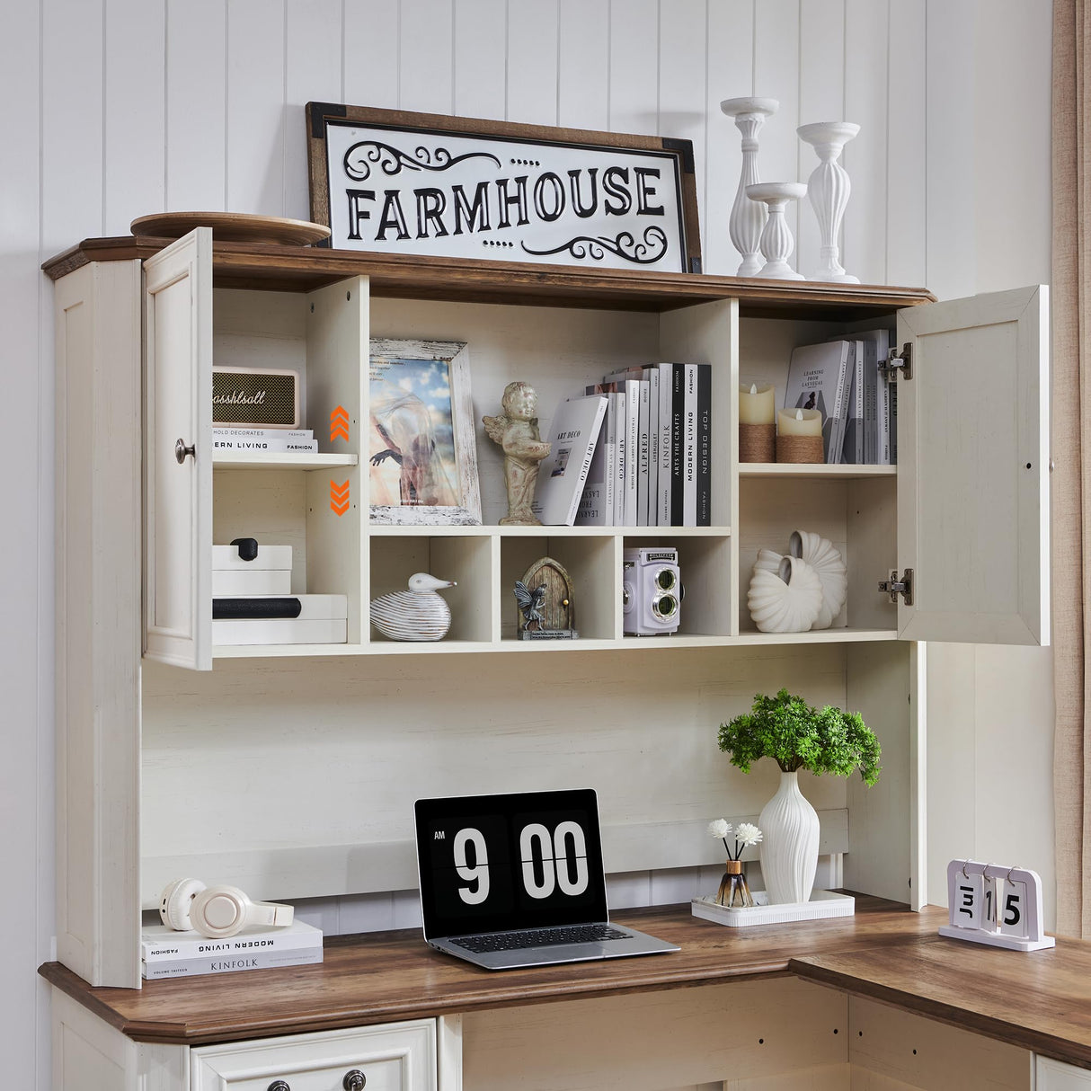 T4TREAM 59" L Shaped Executive Desk with Hutch,Farmhouse Wood Computer Desk, Featuring Charging Station,File Drawer, Storage Cabinet,for Home Office Work and Study (Antique White) T4TREAM