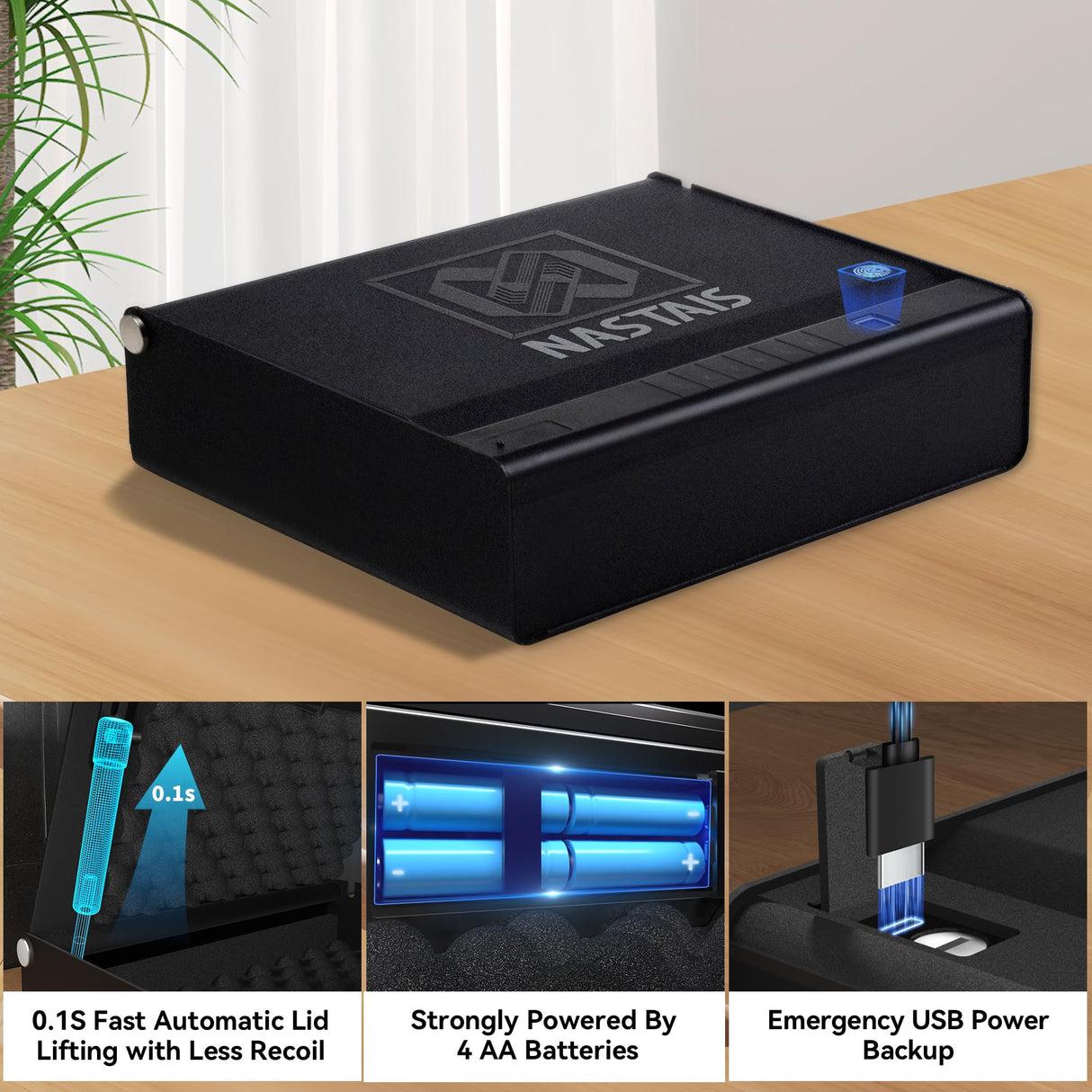 NASTAIS Biometric Gun Safe for 2 Pistols, Handgun safe, 4 Ways 0.1s Quick Access with APP/Fingerprint/Passcode/Key Unlock, Gun Lock Box for Home Bedside Nightstand Cloakroom Car NASTAIS