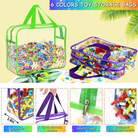6 Packs Large Toy Storage Bags with Labels, Reusable Clear PVC Board Game Storage, Travel Waterproof Organizer Bags with Zipper for Building Blocks, Puzzle, Kids Books（6 Colors） OPELETNNT
