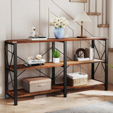 Skandiquip 55" 3 Tier Industrial Book Shelf, Free Standing Horizontal Low Metal Rustic Farmhouse Book Case with Wood Shelves for Home Office, Den, or Living Room Rustic Brown and Black Skandiquip