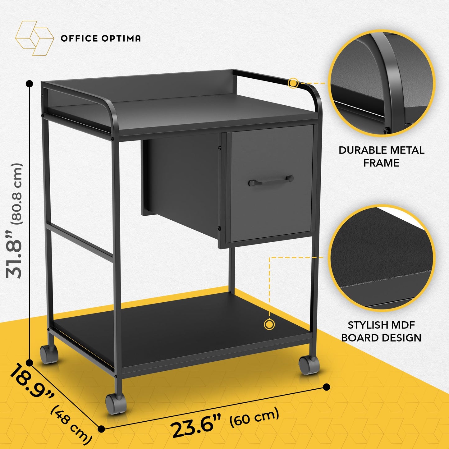 Large Printer Stand with Storage, 2-Tier Black 31.8" x 23.6'' Tall Printer Stand with Wheels & Built-in Drawer, Rolling Printer Table for Home Office Living Room with Lockable Casters for Sta - WoodArtSupply