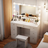 VOWNER Vanity with Lighted Mirror - Makeup Vanity Desk with Power Outlet and 7 Drawers, 3 Color Lighting Modes Adjustable Brightness, 44" Vanity Table with Soft Cushioned Stool for Women Girls, Marble VOWNER