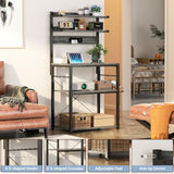 Aheaplus Bakers Rack with Power Outlet, Microwave Stand, 5 Tiers Coffee Bar Station with Led Lights, Kitchen Storage Shelf with 6 S-Shaped Hooks, Kitchen Rack for Spices, Pots and Pans, White Oak Aheaplus