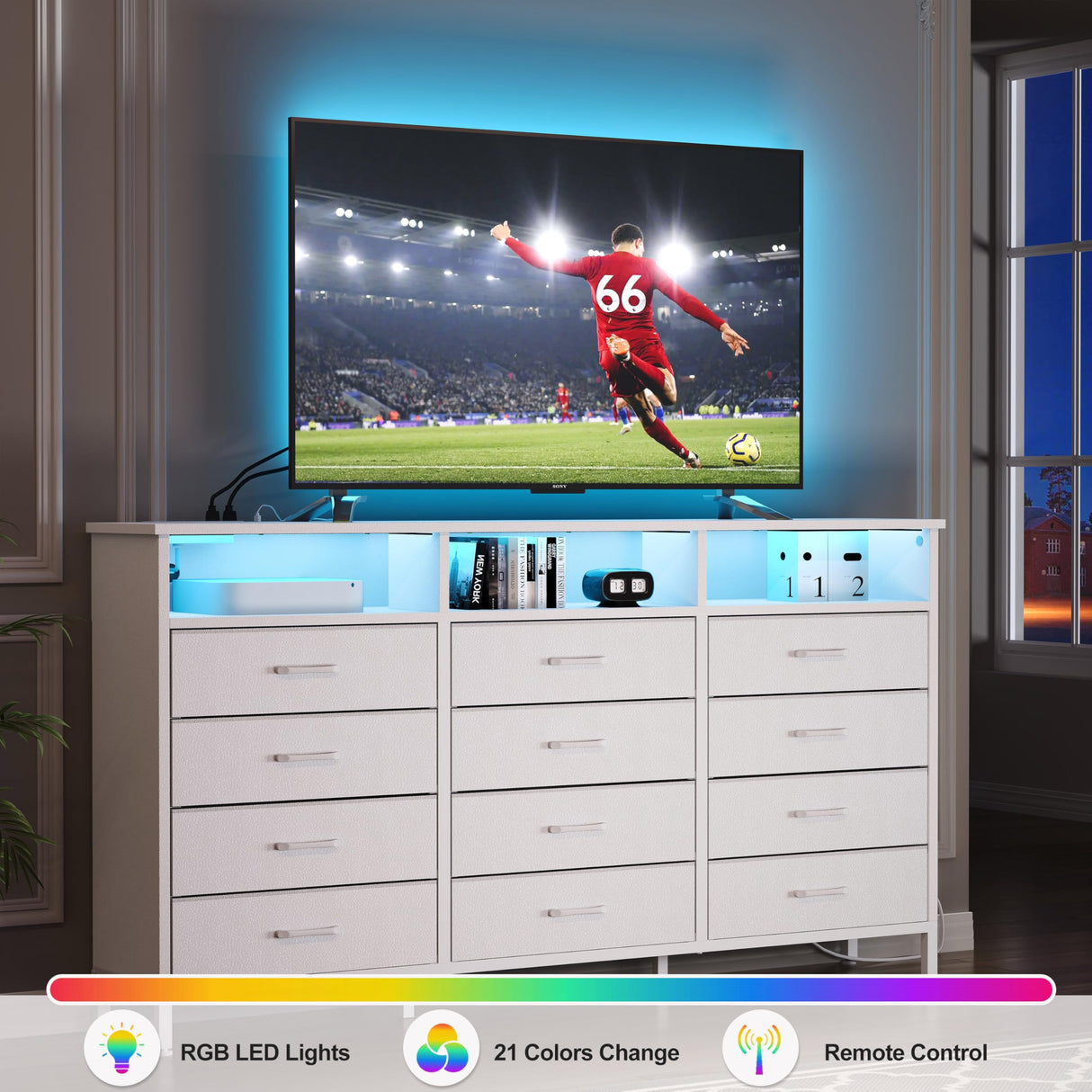 Dresser for Bedroom White Bedroom Dresser with LED Lights and Charging Station, 12 Long Fabric Drawers Dressers, Tall Wide Chest of Drawers Storage Organizer TV Stand for up to 65" TV for Living Room SOOWERY