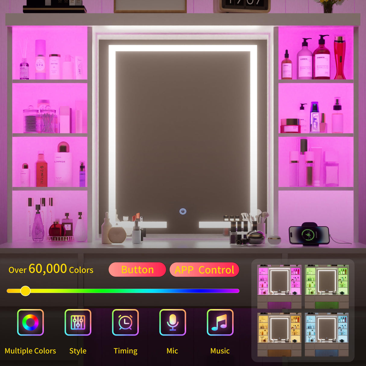 COWMOU Tall Vanity Desk with LED Mirror and RGB Lights Shelves, White Makeup Vanity with Power Outlet, Vanity Table with 5 Sliding Drawers & 2 Cabinets for for Bedroom and Dressing Room COWMOU