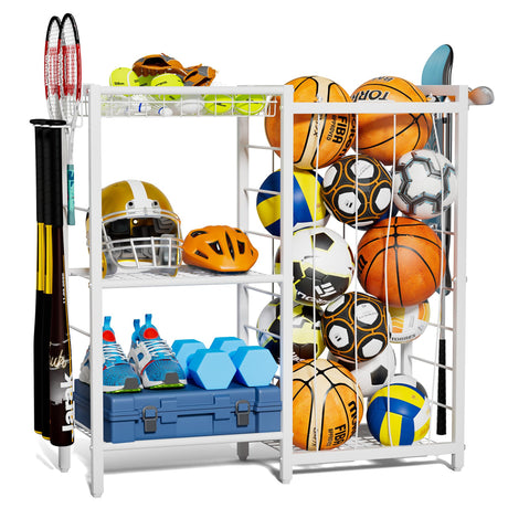 FAMIDGE Sports Equipment Organizer, Ball Storage Rack with Elastic Straps, Garage Sports Organizer Storage Cart with Hooks, Basketball Rack for for golf, Football, Soccer Ball, Bat, White FAMIDGE