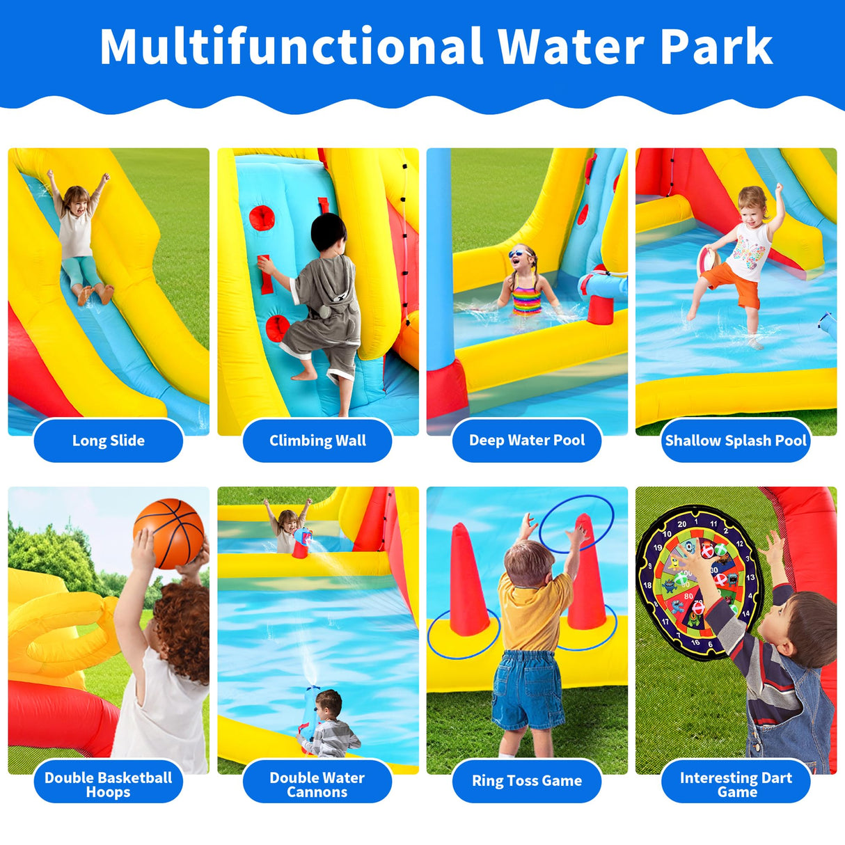 WELLFUNTIME Inflatable Water Slides Park with Blower, Bouncy Castle with Climbing Wall, Dual Water Cannons, Dual Basketball Hoops, Dartboard, Ring Toss, Deep Pool WELLFUNTIME
