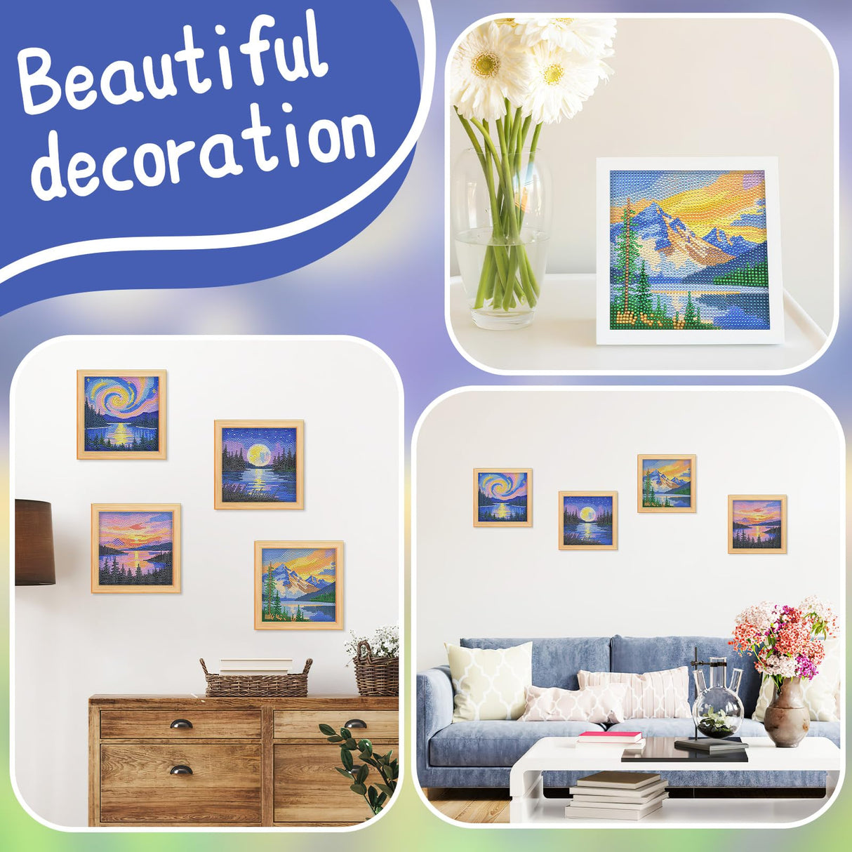 UPINS 4 Pack Diamond Art Paintings，6 x 6 Inch Landscape Paint by Numbers Kits Mountain Moon Lake Diamond Art Kits for Adults Kids Beginners 5D Art Paintings for Home Wall Decor Gifts UPINS