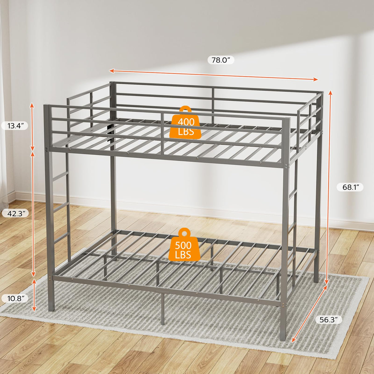 IKIFLY Full Over Full Bunk Beds with LED Lights and Charging Station, Heavy Duty Metal Full Size Bunk Bed Frame, Safety Guardrail & 2 Ladders, Space-Saving Design, No Box Spring Needed, Silver Grey IKIFLY