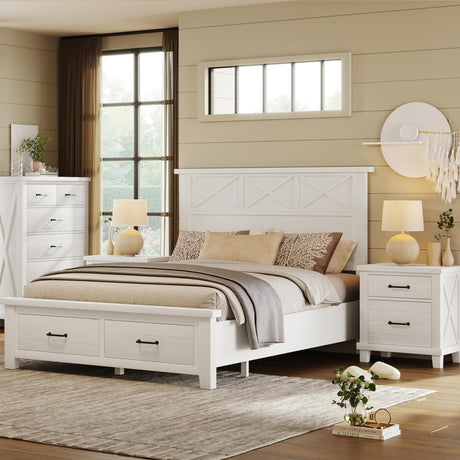 XD Designs Rustic Farmhouse 3 Pieces Bedroom Sets, Wood Queen Size Platform Bed with 2 Nightstands and Footboard Drawer Storage, Sturdy Slats Support (Whitewash-3ps) XD Designs