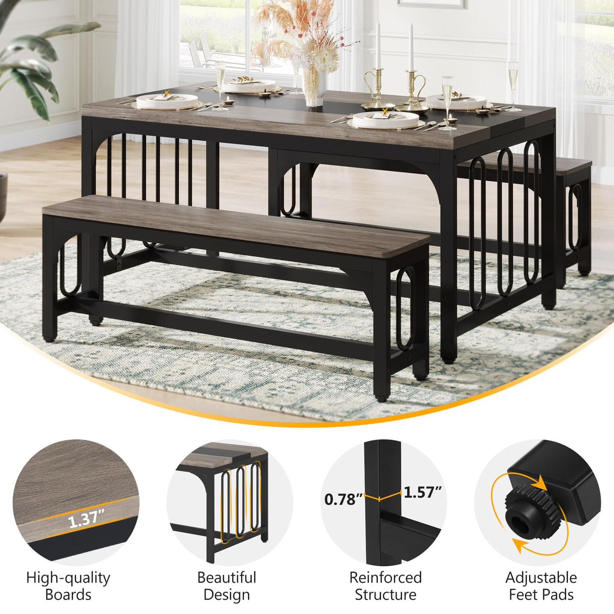 Tribesigns 55 Inch Dining Table Set for 4-6, 3-Piece Kitchen Table with 2 Benches, Space-Saving Dining Room Table Set for Home Kitchen, Restaurant, Grey Tribesigns