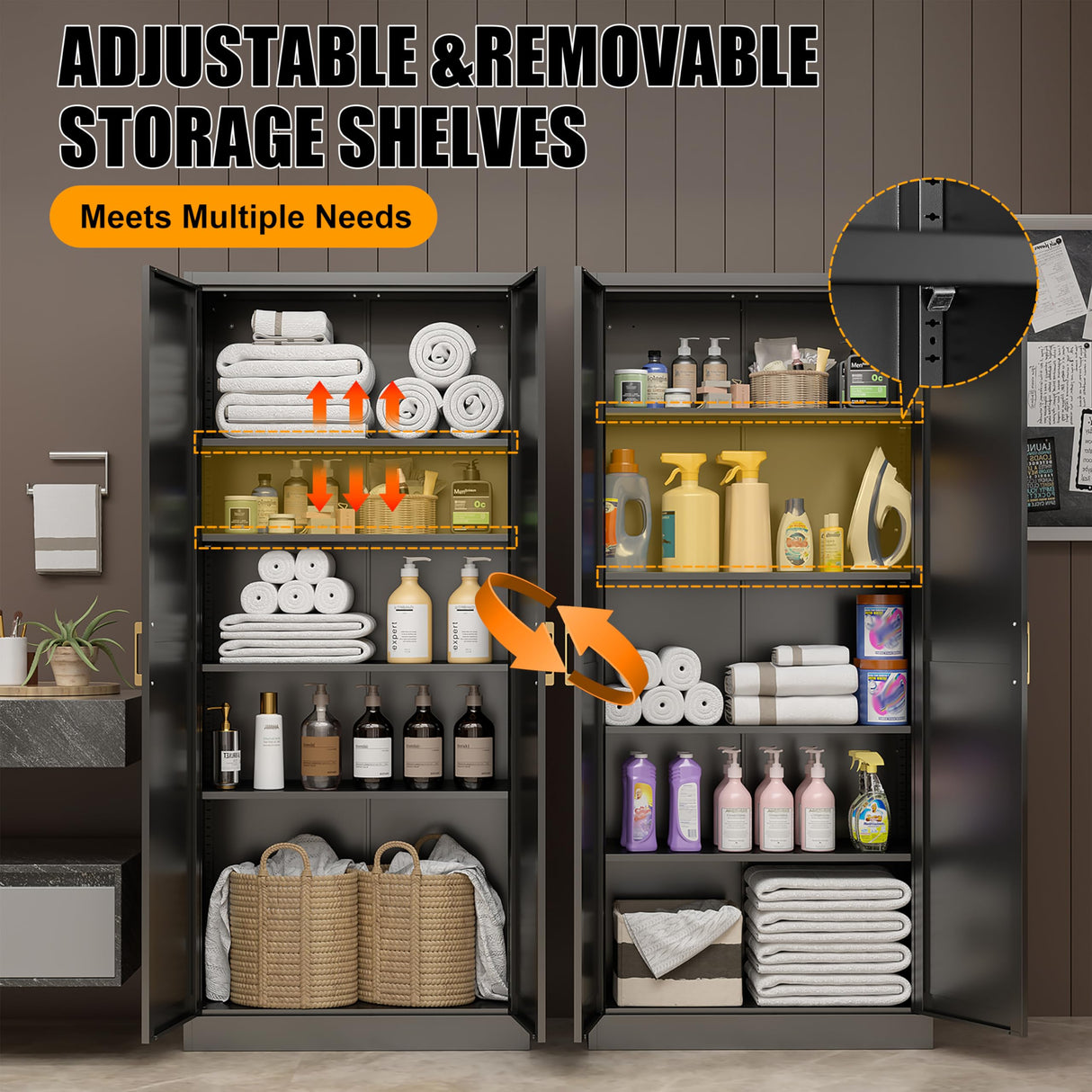 71" Tall Kitchen Storage Cabinet with Gold Handles, Metal Pantry Cabinets with 2 Doors, Food Pantry, Adjustable Shelves, Black Freestanding Pantry Cupboard for Dining Room, Kitchen -Assembly Required MetalMax