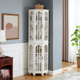 KEIKI Lighted Corner Display Curio Cabinet, 70" Wooden Curved Shelving Unit w/ 4 Adjustable Tempered Glass Shelves, White (Bulb Not Included) KEIKI
