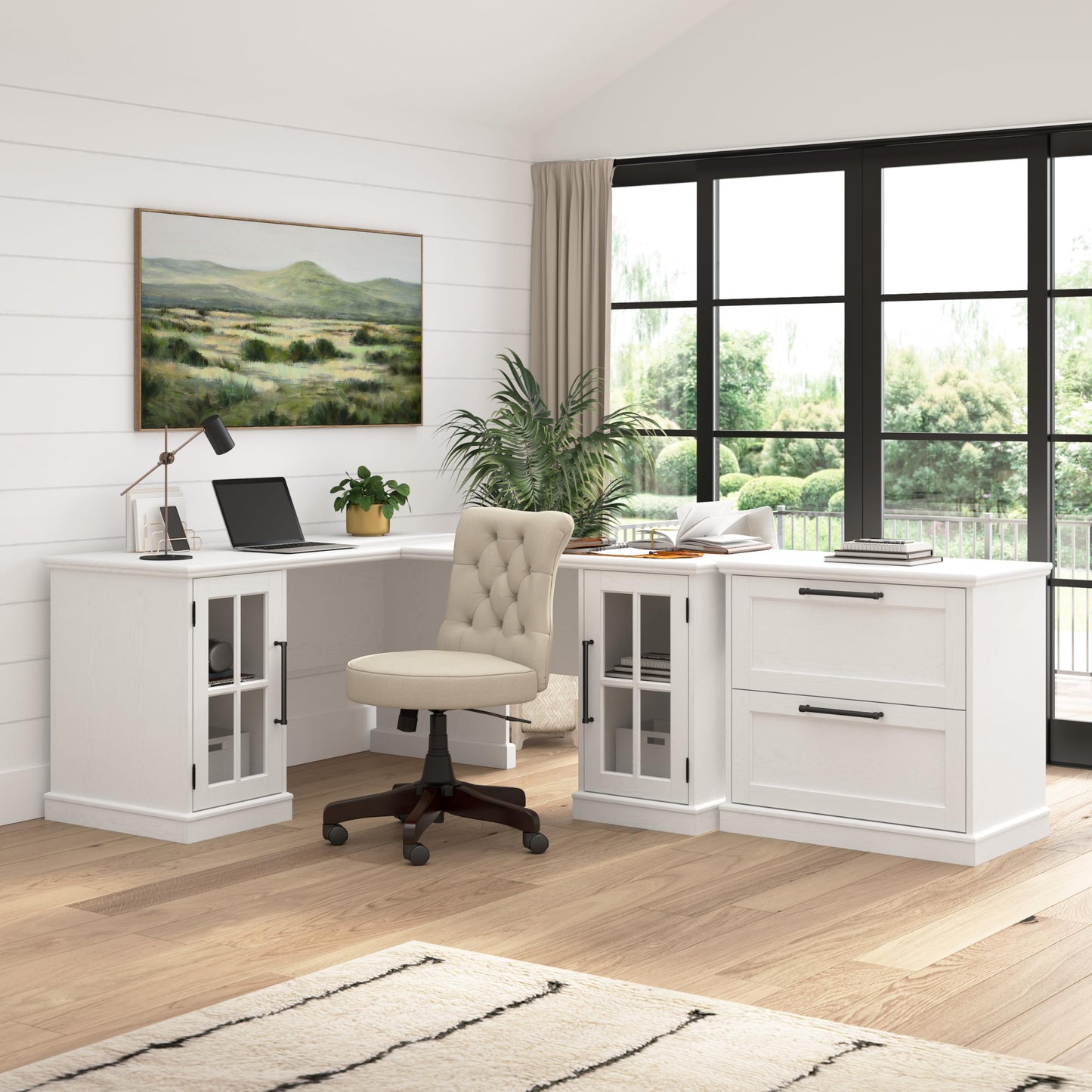 Bush Furniture Westbrook 60W Computer Desk with Storage and Keyboard Tray in White Ash | Farmhouse Desk for Home Office Workspace - WoodArtSupply