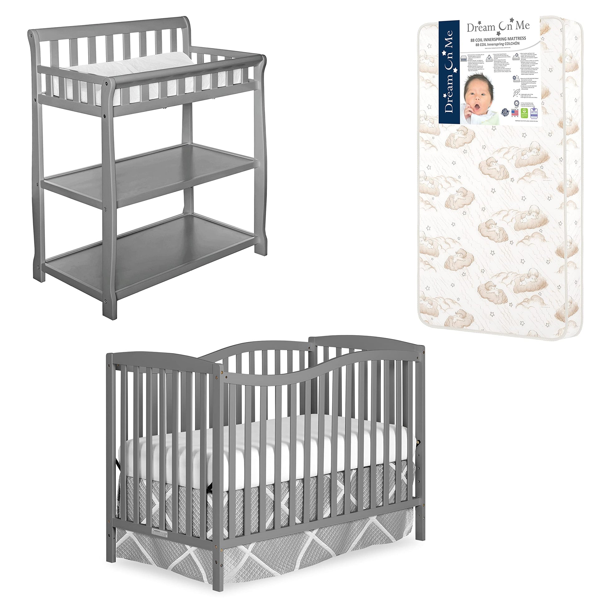 Dream On Me Nursery Essentials Bundle of Dream On Me Chelsea 5-in-1 Convertible Crib, Dream On Me Ashton Changing-Table, with a Dream On Me Twilight 5” 88 Coil Inner Spring Crib and Toddler M - WoodArtSupply