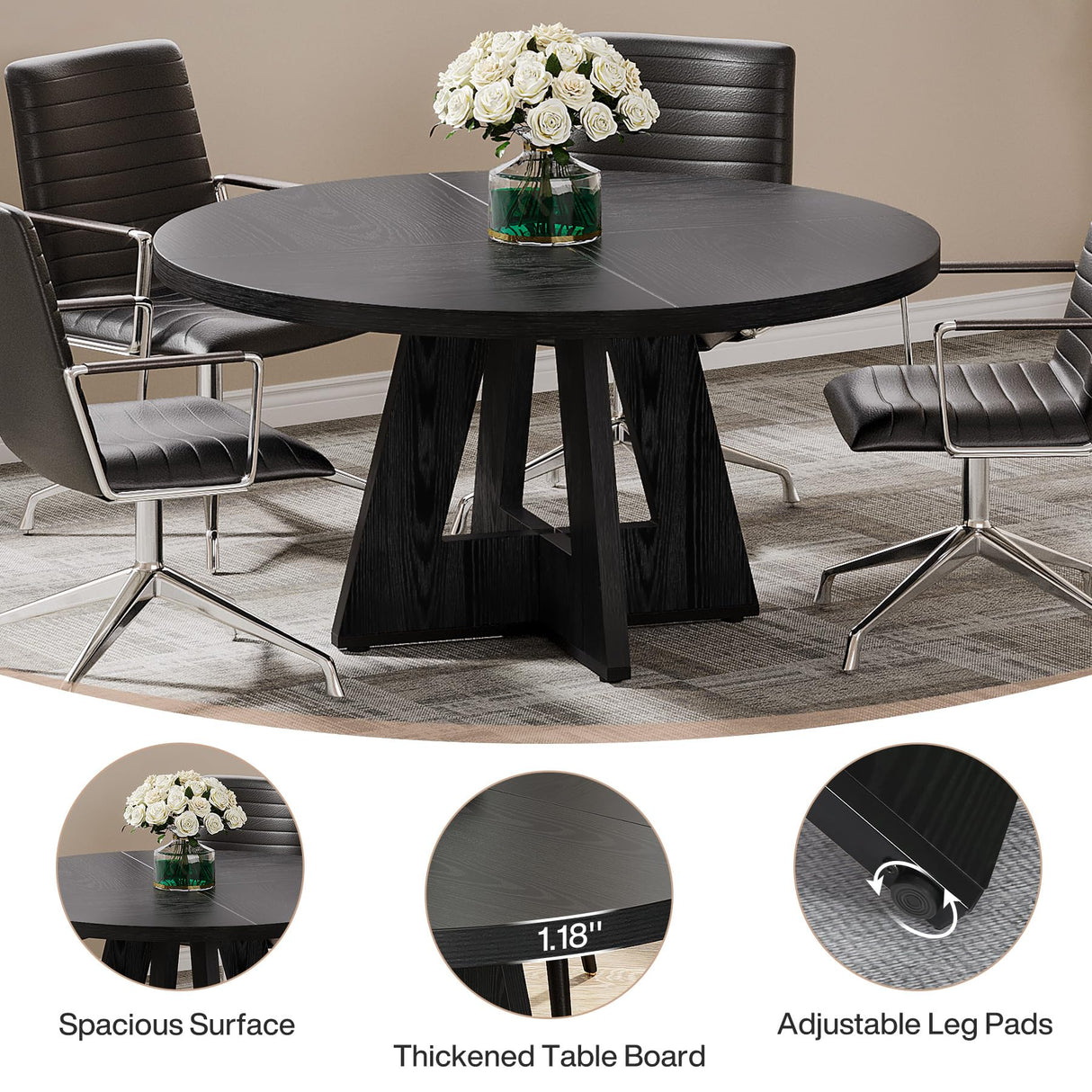 Tribesigns 47-Inch Round Conference Table for 4-6 People, Wooden Meeting Room Table with Thicken Tabletop and Wood Base (Black) Tribesigns
