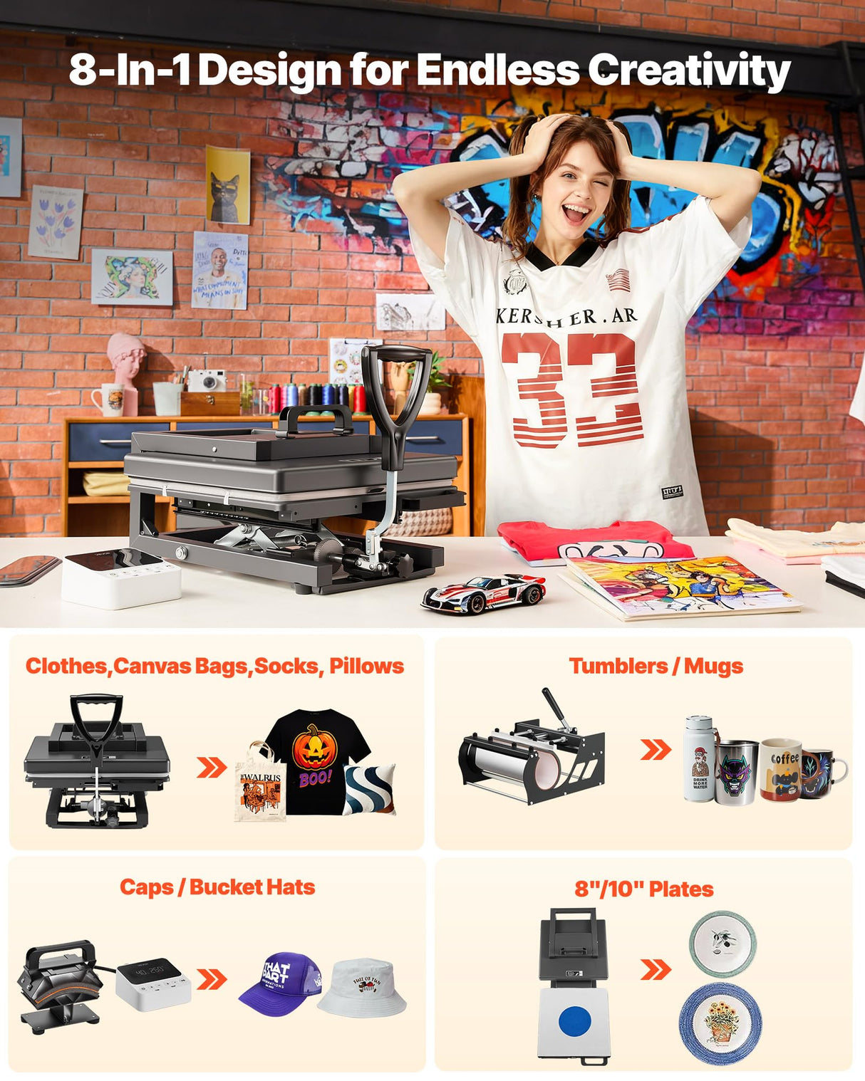 VEVOR Heat Press Machine, 15 x 15 inch, 8-in-1 Multifunction, Heat Up Fast and Even, All-New Patented Design, Easy to Control, Sublimation Press Machine for T-Shirts/Mugs/Tumblers/Caps/Plates, Black VEVOR
