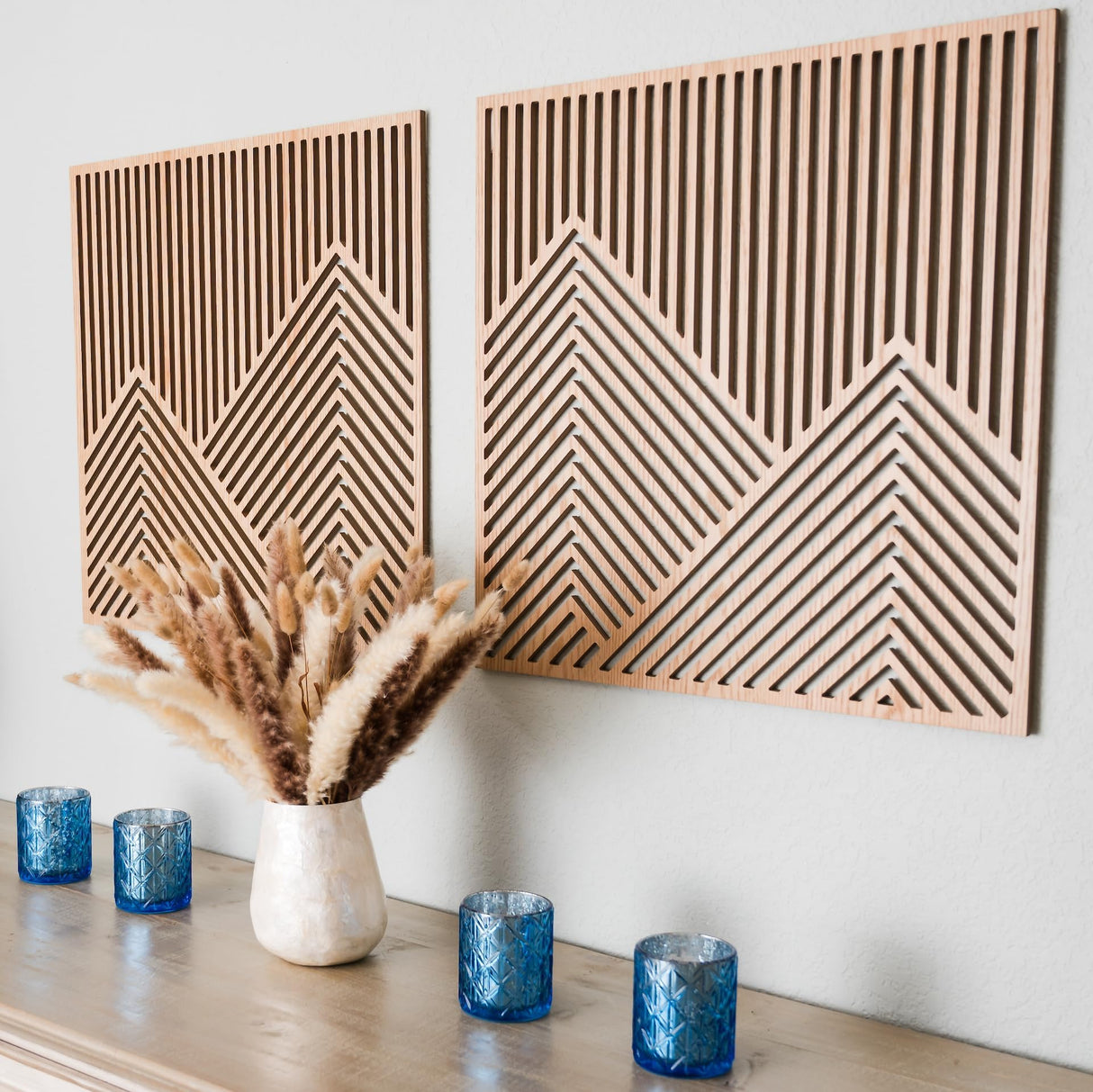 SnugLife 2 Pcs Wood Mountain Wall Art - Modern Wooden Panel Mountain Wall Decor, Decorative Forest Nature Abstract Line Minimalist Wall Art for Living Room Bedroom Farmhouse - Large 23.5”x23.5” SnugLife