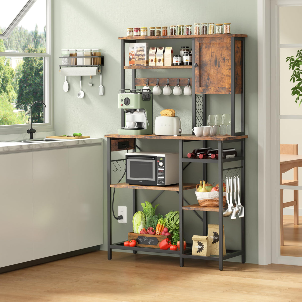 Decofy Bakers Rack with Power Outlet - Microwave Stand with Storage, Large Coffee Bar with K Cups Holder, 5 Tiers Metal Kitchen Shelves Rack, 39.37 x 15.75 x 63 Inches, Brown Decofy