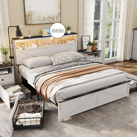 Vabches Farmhouse Full Size Bed Frame with 48" Tall Storage Headboard, Wood Bedroom Platform Bed Frame No Box Spring Needed, 4 Storage Drawers Underneath, Adjustable LED Lights, Charging Station Vabches