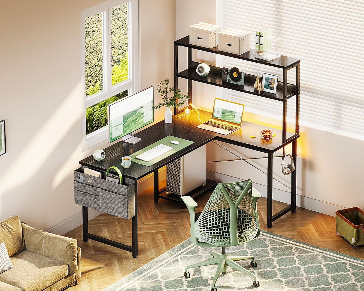 Casaottima Gaming Desk with Power Outlets & LED Lights, 43 Inch Reversible L Shaped Computer Desk with Shelves & Storage Bag, Corner Desk for Home Office, Black Casaottima