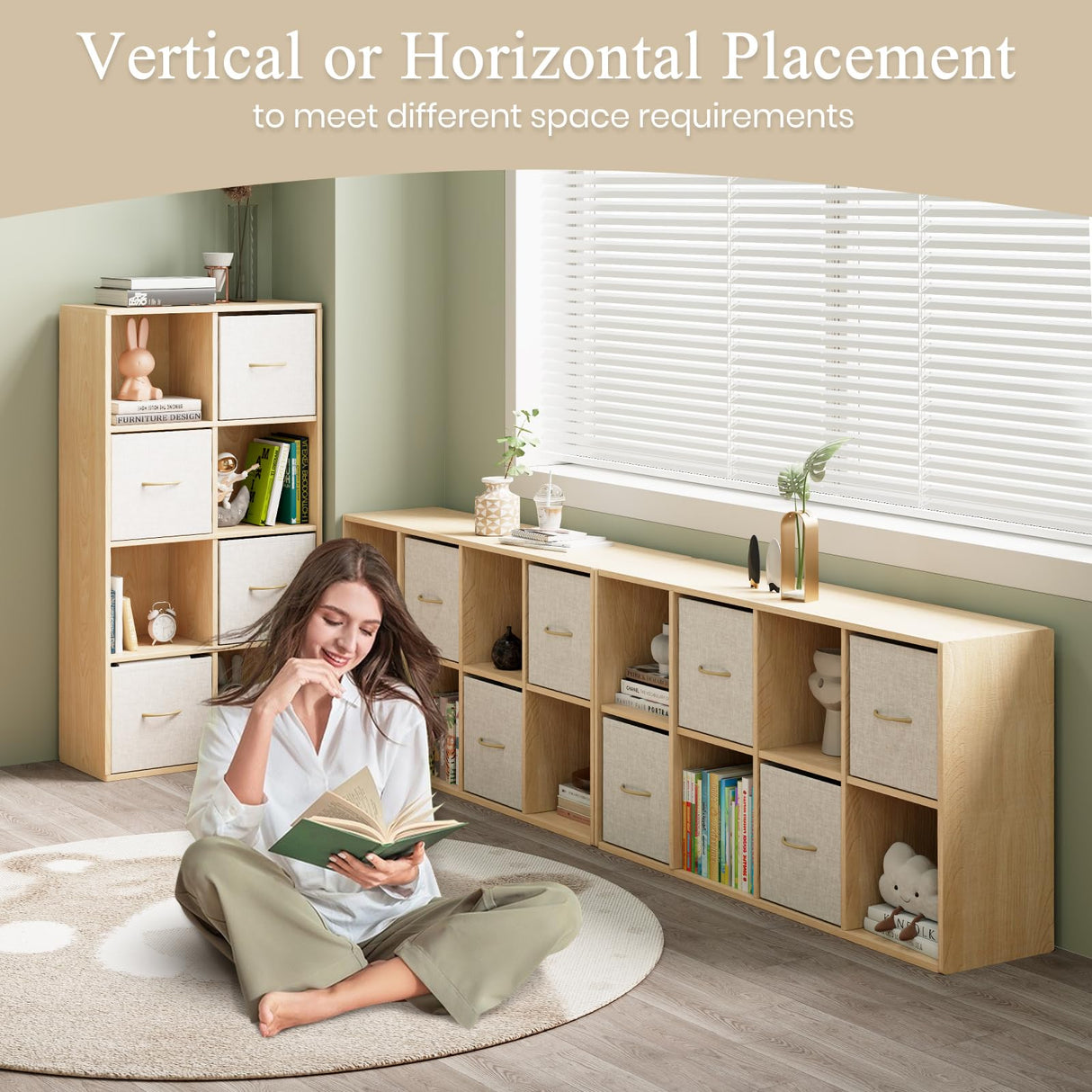 8 Cube Storage Organizer - Solid Wood Bookshelf with 4 Storage Bins, Cube Shelf with 2 Removable Back Panels, Vertical or Horizontal Bookcase, Open Book Shelf for Bedroom, Living Room, Office EXPERLAM