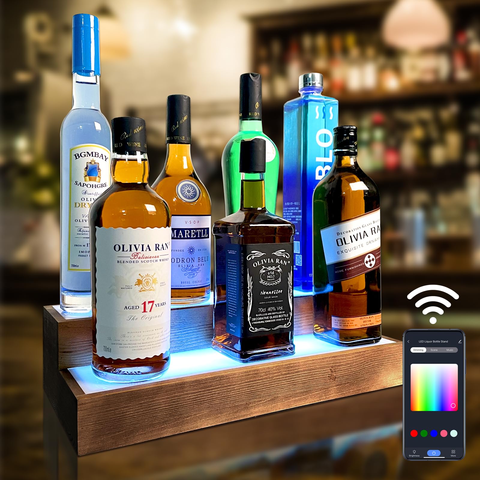 LED Lighted Liquor Bottle Stand - 2 Tier Liquor Bar Bottle Display Shelf with App & Remote Control, Holds 8 Bottles, Real Wood, Easy to Clean, No Installation Required(LED, Walnut, 2 Tier) - WoodArtSupply