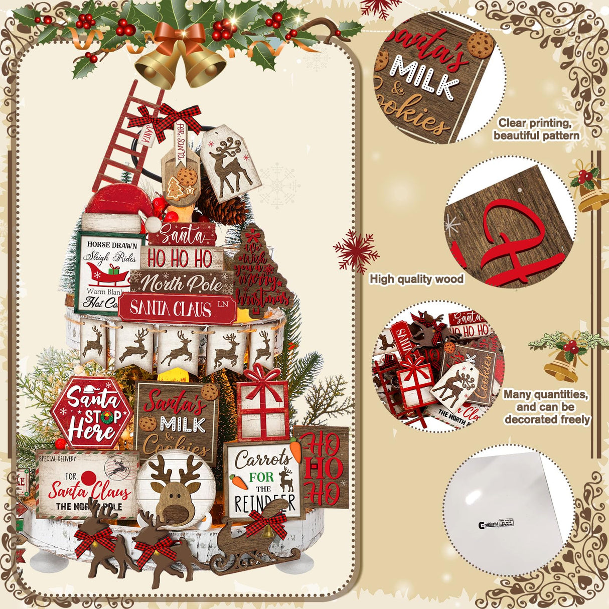 CroBlissful 23 Pcs Christmas Tiered Tray Decor Snowman Farmhouse Decor Christmas Sign Winter Table Centerpieces Winter Wood Blocks Signs for Home Shelf, Without Tray(Red,Elk) CroBlissful