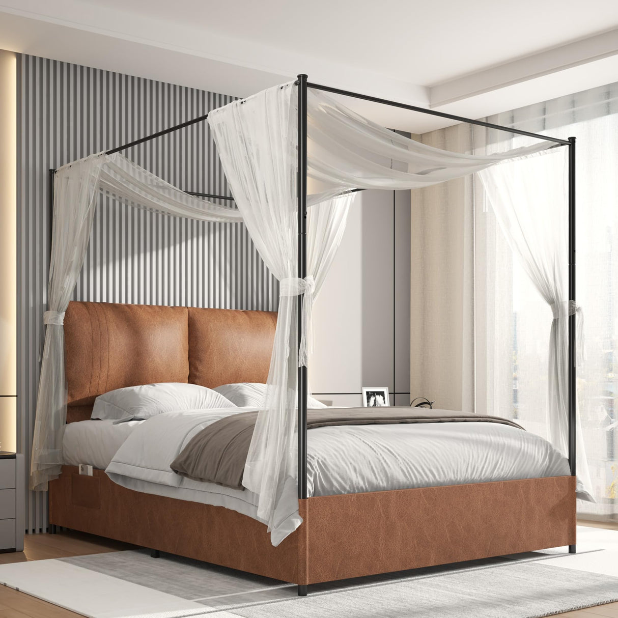 PAUKIN Canopy Bed Frame Queen Size with Upholstered Headboard, Sturdy and Stable, Easy to Assemble, Metal Bar Support, no Spring Mattress Required. (Brown, Queen) PAUKIN