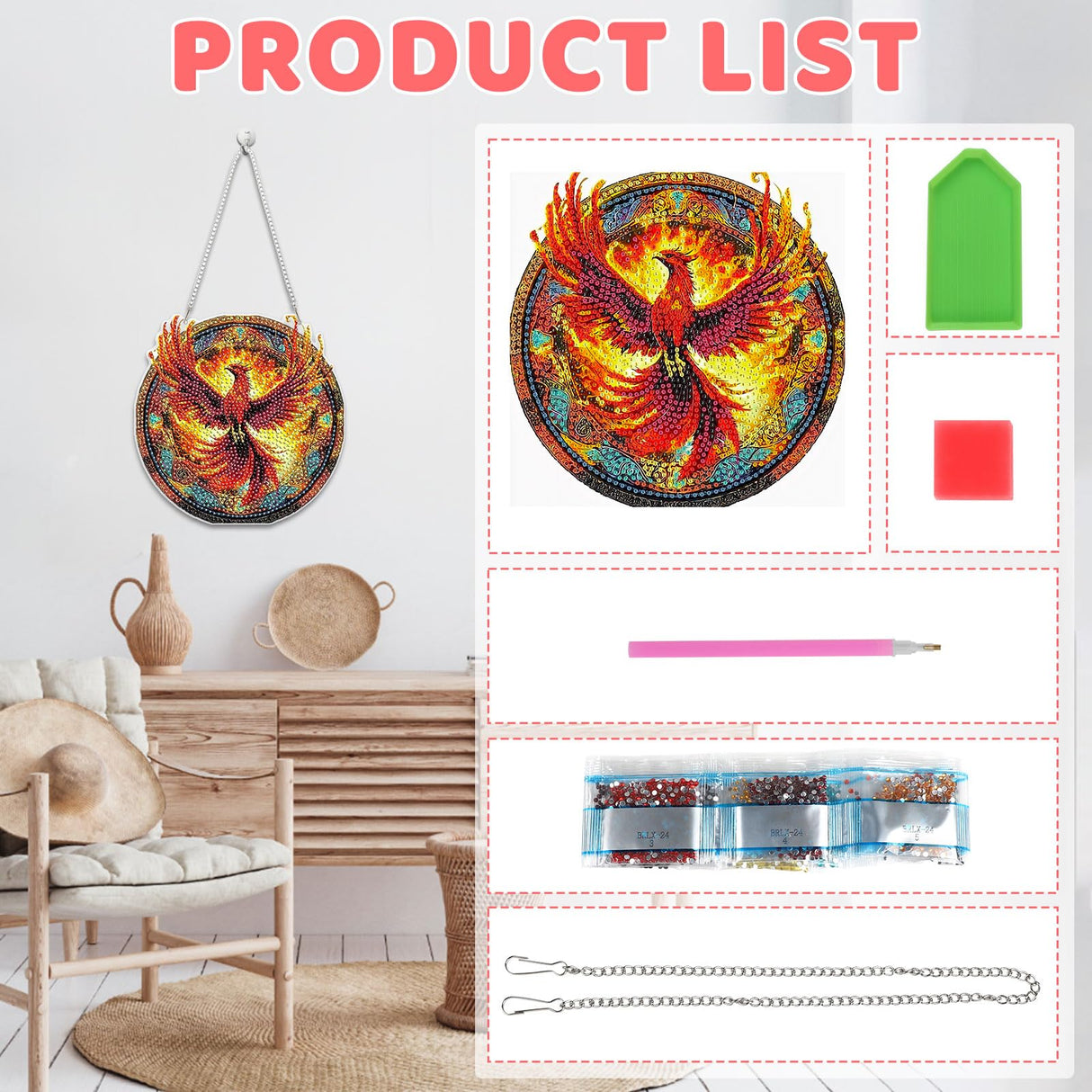 Skyboda Phoenix Diamond Art Hanging Kit for Adult, Special Shaped Rhinestone, Double Sided DIY Acrylic Diamond Art Painting Window Pendants Home Garden Wall Hanging Kits Hanging Ornament Skyboda