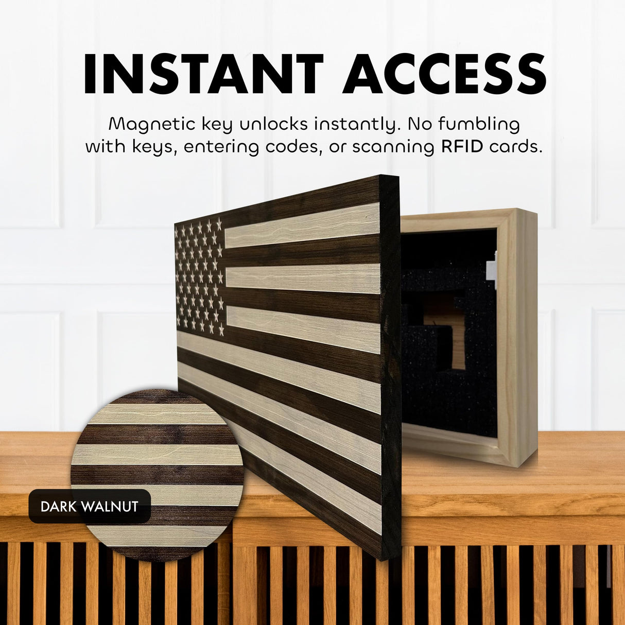 American Flag Hidden Gun Safe - Quick Access Hidden Gun Shelf - Concealment Shelf with Magnetic Lock - Wall Gun Safe for Secure Firearm Storage - Handcrafted In USA by Bellewood Designs (Dark Walnut) Bellewood Designs
