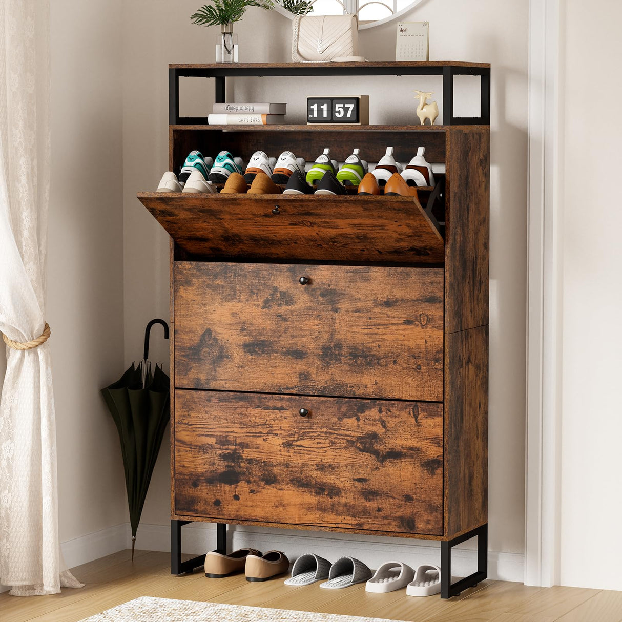 HOMMPA Shoe Storage Cabinet with 3 Flip Drawers, Freestanding Shoe Organizer with Metal Legs for Entryway, Narrow Shoe Rack Cabinet, Rustic Brown, 11.81''D x 31.49''W x 54.17''H HOMMPA
