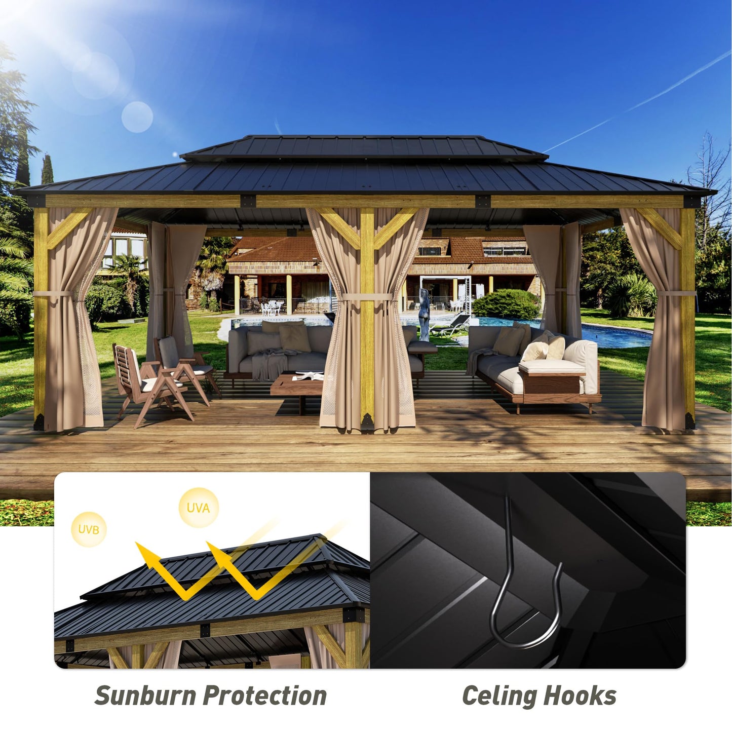 HOMPUS 12x20 FT Hardtop Wood Gazebo, Cedar Wood Frame Gazebo with Double Metal Roof, Outdoor Gazebo with Netting & Curtains, Wooden Gazebos Pavilion for Backyard, Garden, Deck, Cedar - WoodArtSupply