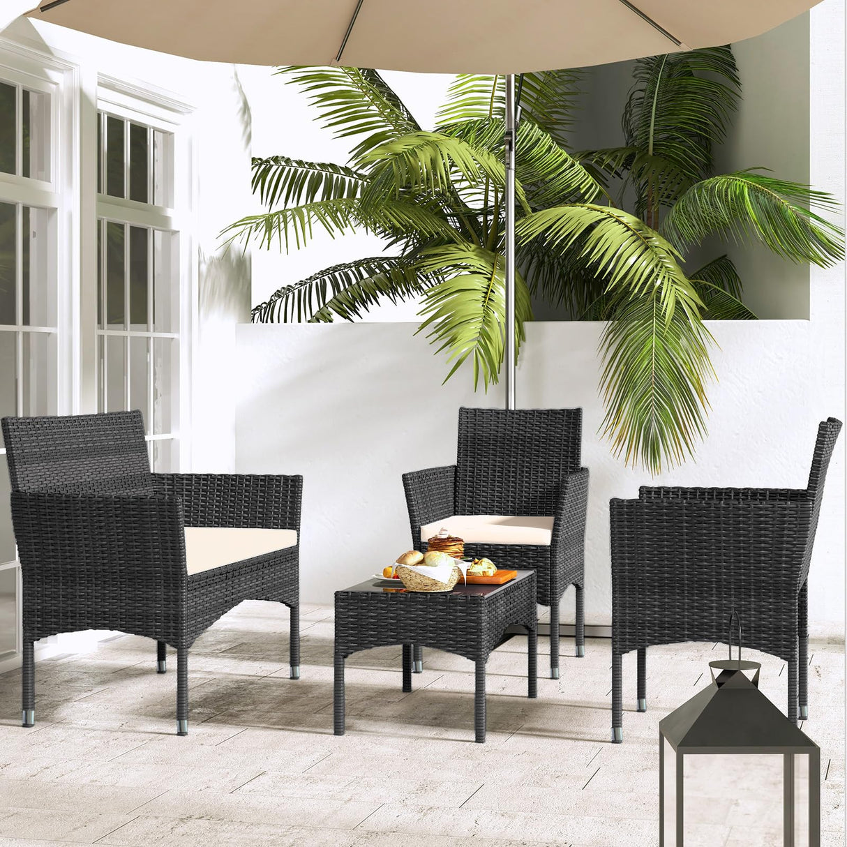 TINKLE WELL Patio Furniture, 4 Piece Conversation Set, Outdoor Wicker Rattan Table and Chairs, Sectional Sofa with Thick Cushion for Garden, Yard, or Porch, Dark Black TINKLE WELL
