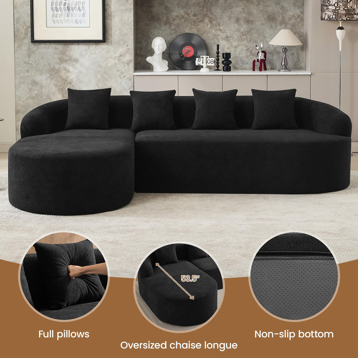 Boneless L Shaped Sofa Couch, Oversized Sectional Curved Cloud Sofa with Chaise Lounge, Chenille 4 Seats Deep Seat Couches for Living Room, No Assembly, Black Hatppto