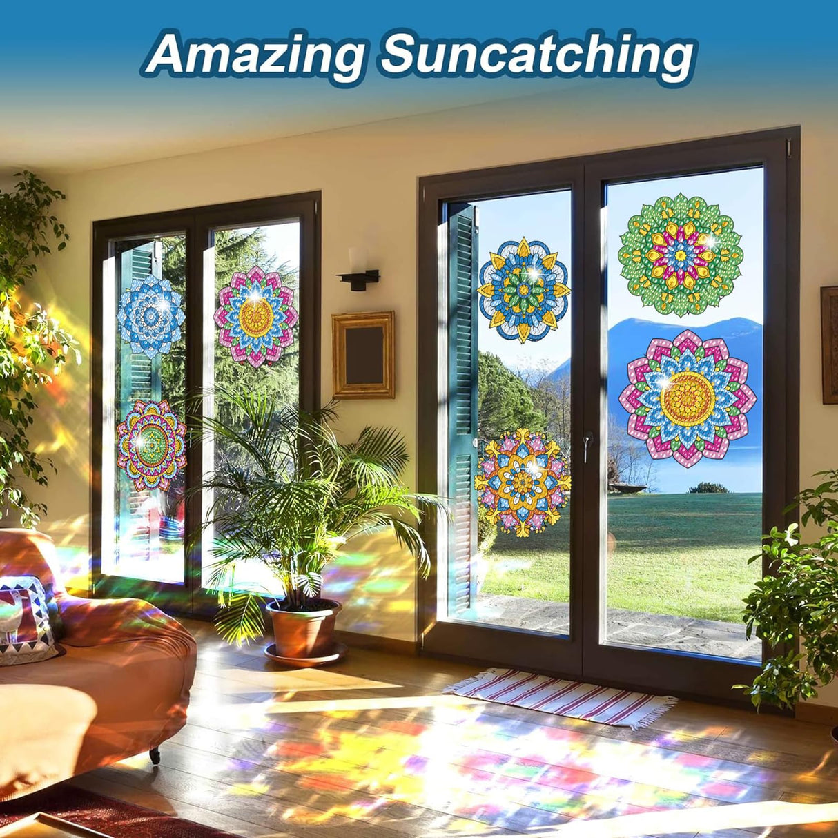 MEIEST 6 PCS Diamond Art Painting Kits for Suncatchers Mandala Art Stained Glass Window Clings, Mosaic Painting by Numbers,Window Film Static Clings 3D Decals,Art Craft Supplies (1) MEIEST