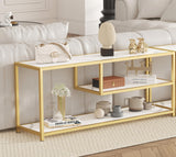 Function Home TV Stand for TVs up to 55 Inch, 3 Tier Entertainment Center, Media Console with Open Storage Shelves for Living Room Bedroom, 47” Modern TV Table with Faux Marble Top Gold Metal Leg Function Home