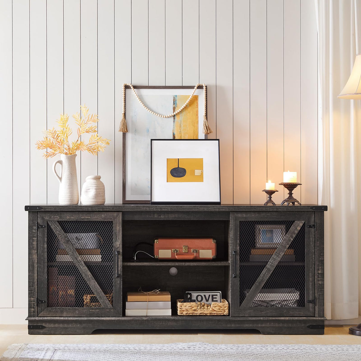 HOOBRO Farmhouse TV Stand, TV Stand for 75 Inch TV, Media Entertainment Center with LED Lights and Power Outlets, TV Console Table for Living Room, TV Stand with Storage, Dark Rustic Oak FP71UDDS01 HOOBRO